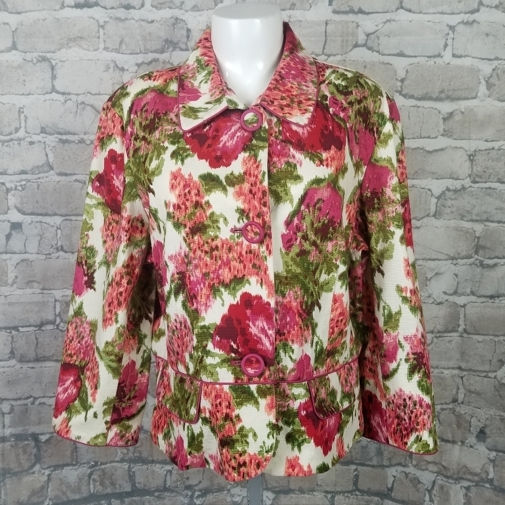 Bandolino Blazer Floral Cottagecore Peplum Size 16 Pink Green Cream